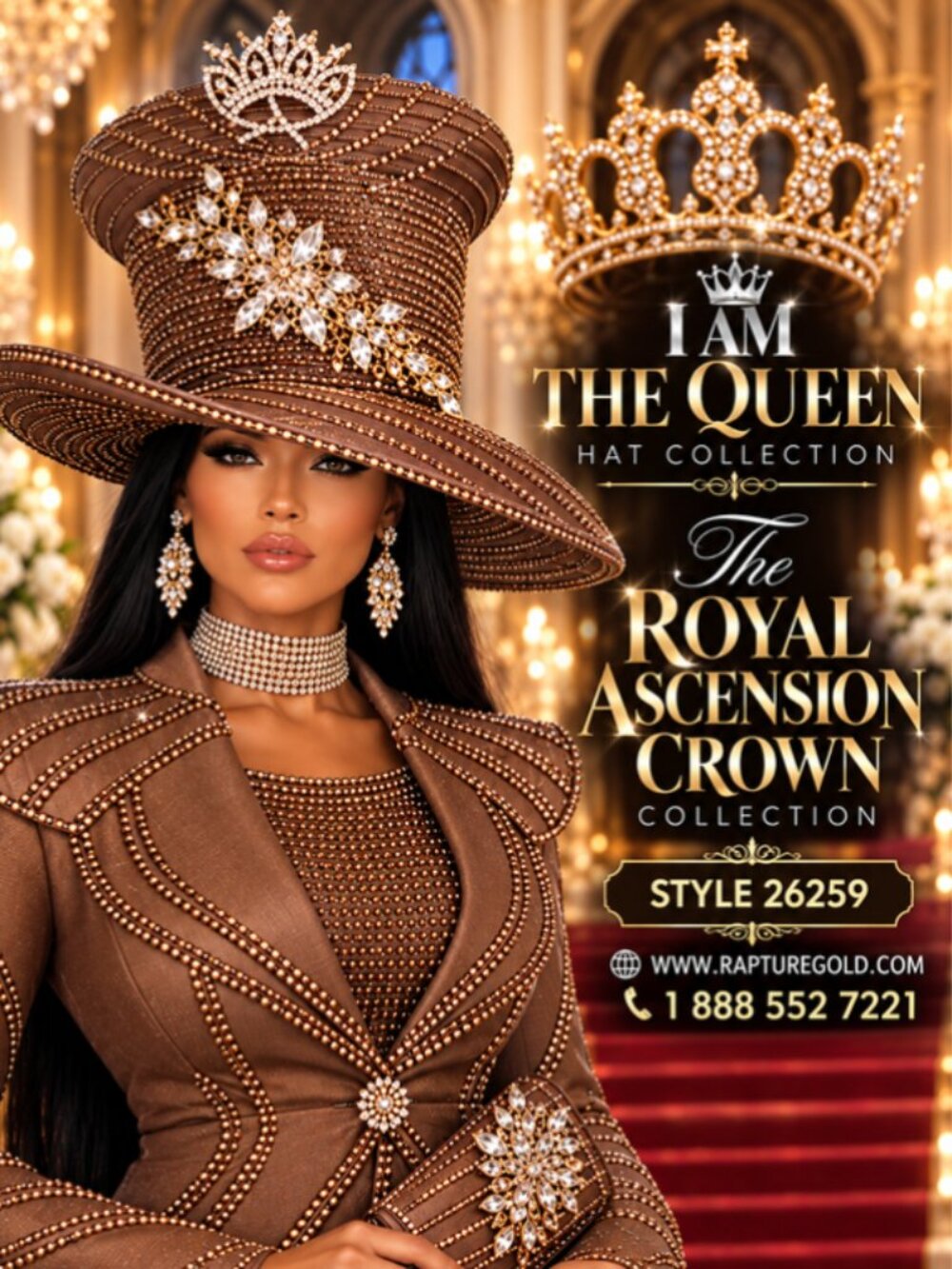I Am The Queen Brown Designer Church Hat First Lady Wide Brim Hat 26259